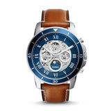FOSSIL GRANT SPORT AUTOMATIC SILVER STAINLESS STEEL ME3140 BROWN LEATHER STRAP MEN'S WATCH - H2 Hub Watches