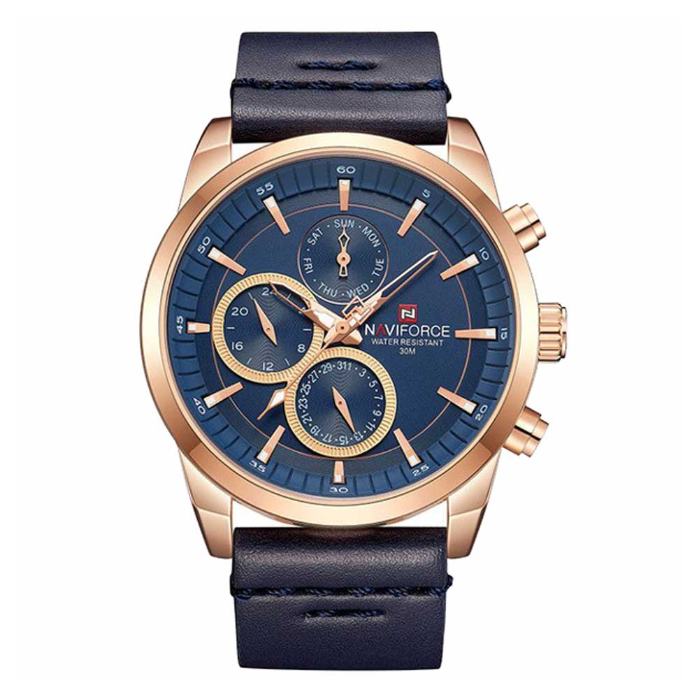 NAVIFORCE NF9148 RG/BE/D.BE BLUE LEATHER MEN'S WATCH - H2 Hub Watches