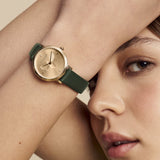 Olivia Burton Signature Bee Ultra Slim Gold & Green Leather Strap Women Watch 24000017