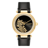 Olivia Burton Signature Floral T-Bar Gold & Black Leather Strap Women Watch 24000064