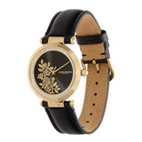 Olivia Burton Signature Floral T-Bar Gold & Black Leather Strap Women Watch 24000064