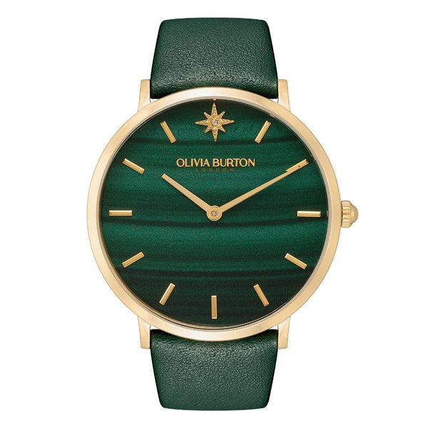 Olivia Burton Celestial Faux Malachite, Gold & Green Leather Strap Women Watch 24000067