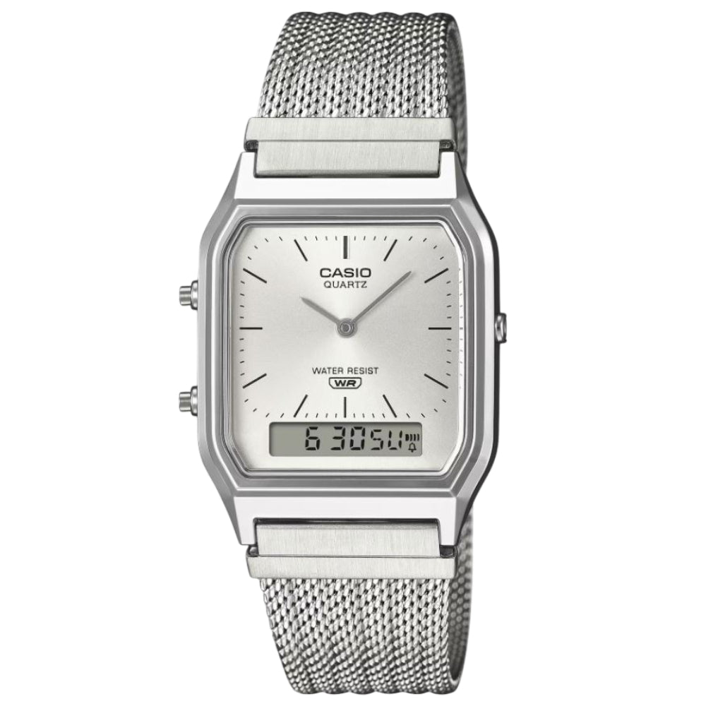 Casio Vintage Silver Stainless Steel Mesh Strap Unisex Watch AQ-230EM Series