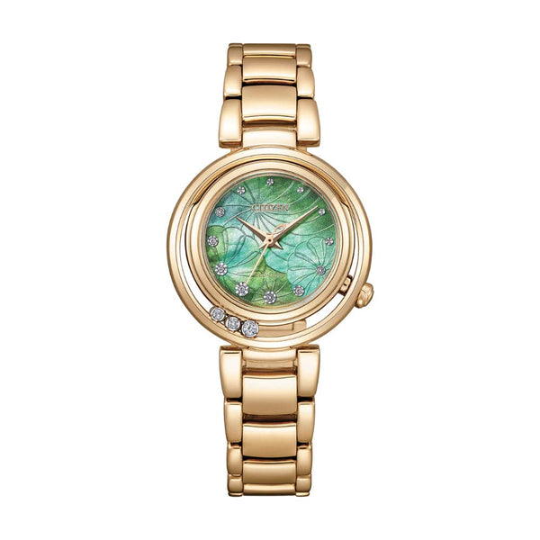 Citizen Eco-Drive Green Dial Gold Stainless Steel Strap Women Watch EM1113-82Y