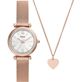 Fossil Carlie Silver Dial Rose Gold Milanese Strap Women Watch ES5314SET