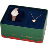 Fossil Carlie Silver Dial Rose Gold Milanese Strap Women Watch ES5314SET