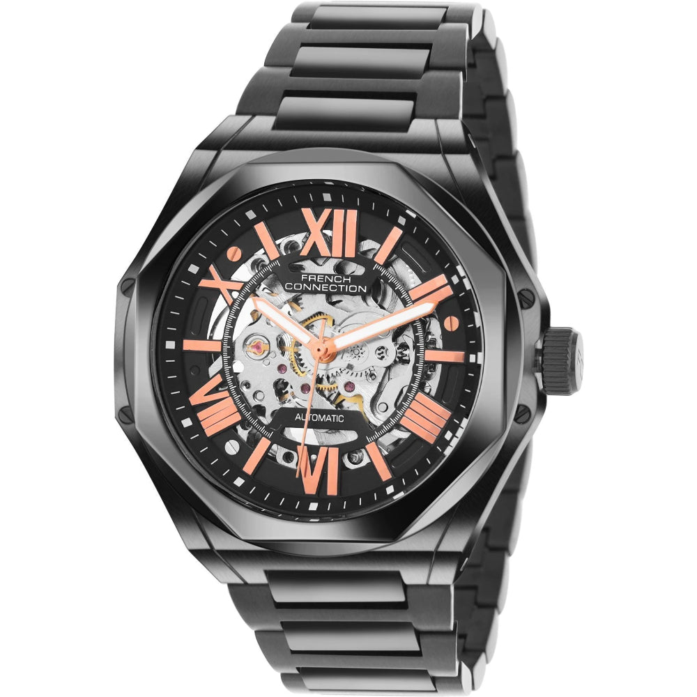 French Connection Skeleton Dial Black Stainless Steel Strap Men's Watch FCA17BM