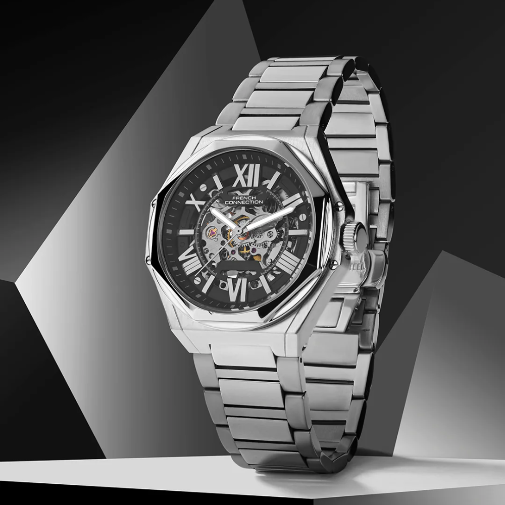 French Connection Skeleton Dial Silver Stainless Steel Strap Men's Watch FCA17SM