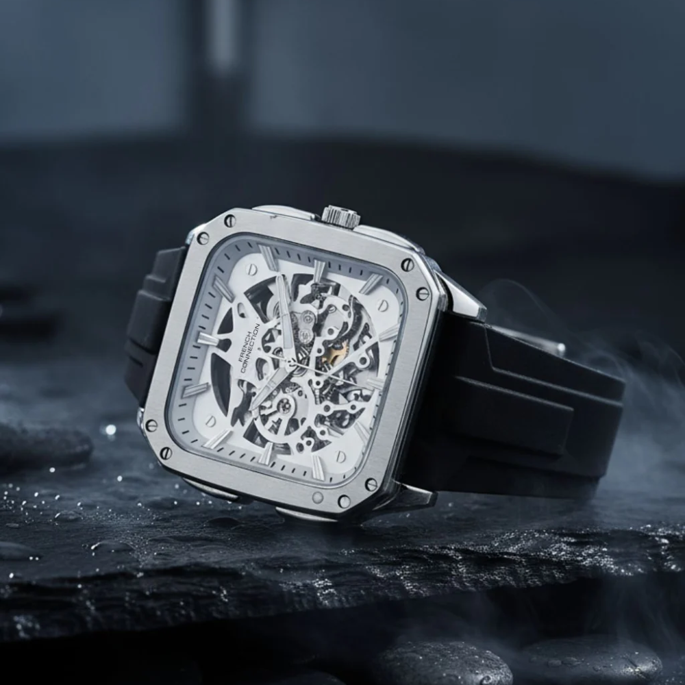 French Connection Skeleton Dial Black Silicone Strap Men's Watch FCA18SBL