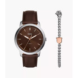 Fossil Minimalist Brown Leather Men's Watch and Bracelet Box Set FS6019SETP