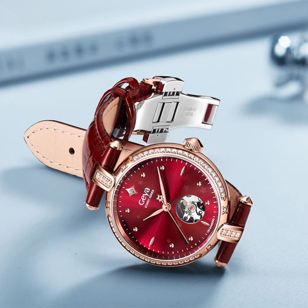 GEYA Starry Sky Series Mechanical Open Heart Ladies Watch Red Leather Strap Charmaine Sheh Edition G08216LHR