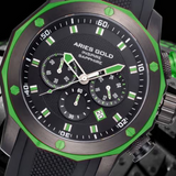 ARIES GOLD CHRONOGRAPH VENTURER GREEN STAINLESS STEEL G 7012Z BK-GN BLACK SILICONE STRAP MEN'S WATCH