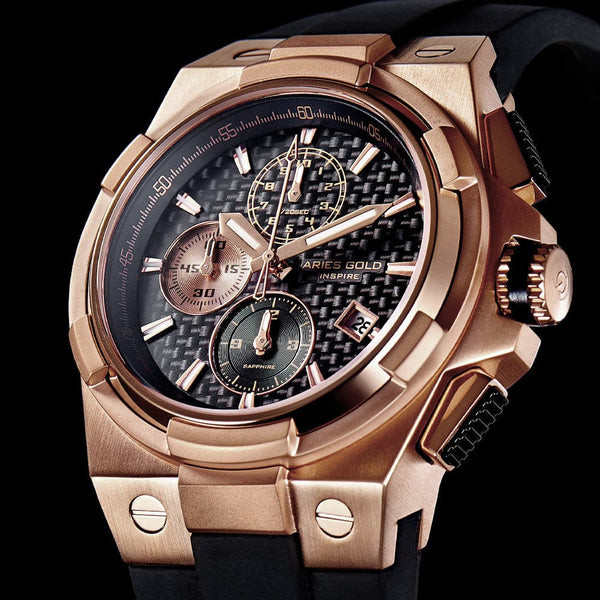 ARIES GOLD MONARCH ROSE GOLD STAINLESS STEEL G 7312 RG-BKRG HI-TECH BLACK SYNTHETIC STRAP MEN'S WATCH