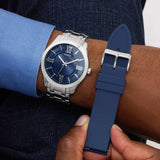 Guess Analog Blue Dial Silver Stainless Steel Strap Gift Set Men's Watch GW1008G1