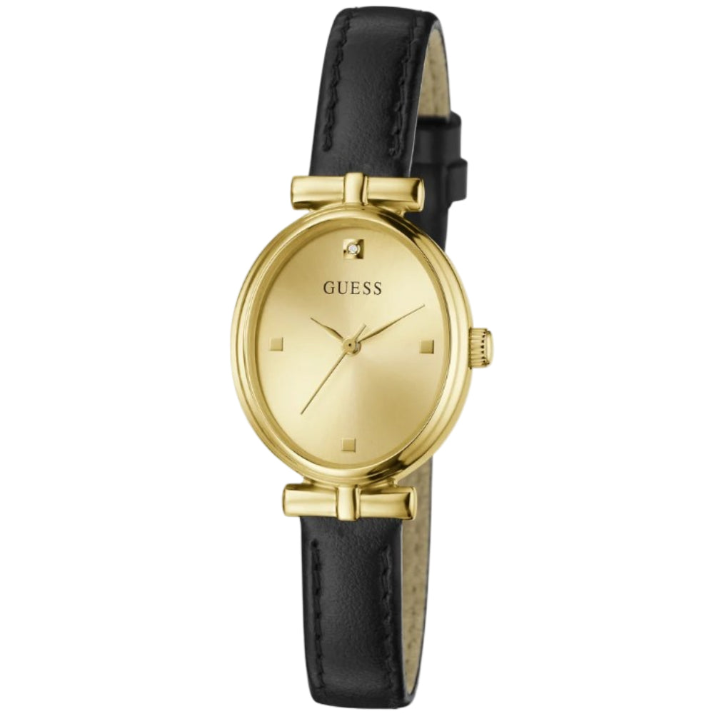 Guess Analog Gold Dial Black Leather Strap Women's Watch GW1029L2