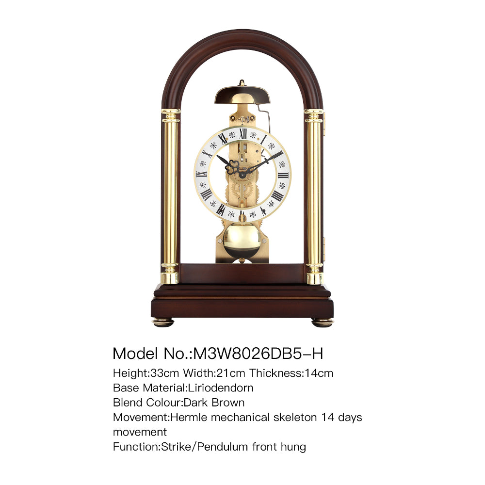 Mapple Leaf Arcadia Hermle Mechanical Table Clock – Mahogany Brown Model 8026#