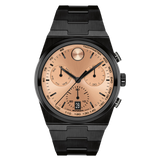 Movado Bold Quest 42mm Rose Gold Sunray Dial Chronograph Black Steel Watch 3601245