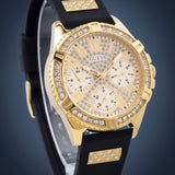GUESS FRONTIER GLITZ GOLD DIAL BLACK STRAP WATCH W1160L1