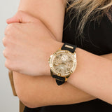 GUESS FRONTIER GLITZ GOLD DIAL BLACK STRAP WATCH W1160L1