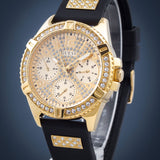 GUESS FRONTIER GLITZ GOLD DIAL BLACK STRAP WATCH W1160L1