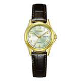 CITIZEN EQ0612-07A LADIES GOLD DIAL BROWN LEATHER WATCH