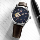 MASERATI EPOCA R8821118010 OPEN HEART BLUE DIAL LEATHER STRAP WATCH