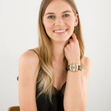 GUESS FRONTIER GLITZ GOLD DIAL BLACK STRAP WATCH W1160L1