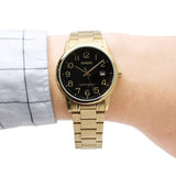 Casio General Black Dial Gold Stainless Steel Strap Unisex Watch MTP-V002G-1BUDF-P