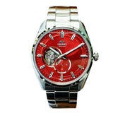 Orient Semi Skeleton Red Dial Silver Stainless Steel Strap Men Watch RA-AR0010R10B