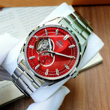 Orient Semi Skeleton Red Dial Silver Stainless Steel Strap Men Watch RA-AR0010R10B