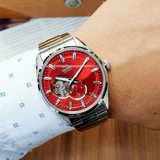 Orient Semi Skeleton Red Dial Silver Stainless Steel Strap Men Watch RA-AR0010R10B