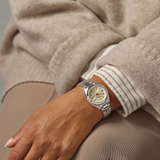 Seiko 5 Sports Silver Stainless Steel Strap Women's Watch - Yellow Gold Dial | SRE023K1