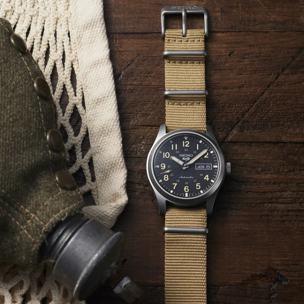 Seiko 5 Brown Nylon Strap Men's Watch - Day-Date Display | SRPG35K1