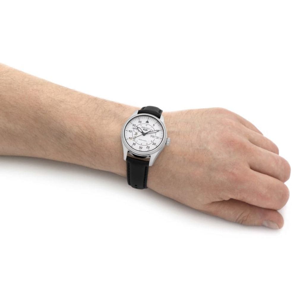 Seiko 5 White Dial Black Leather Strap Men Watch SRPK27K1P