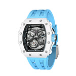 Watch with a blue strap and silver case on a white background
