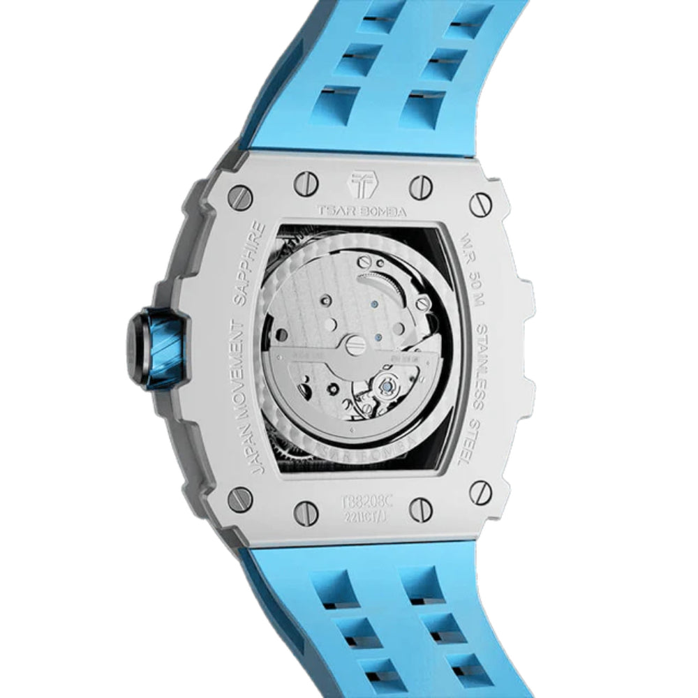 Watch with blue strap and visible mechanical components on a white background
