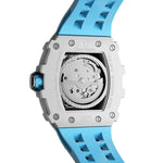 Watch with blue strap and visible mechanical components on a white background