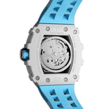 Watch with blue strap and visible mechanical components on a white background