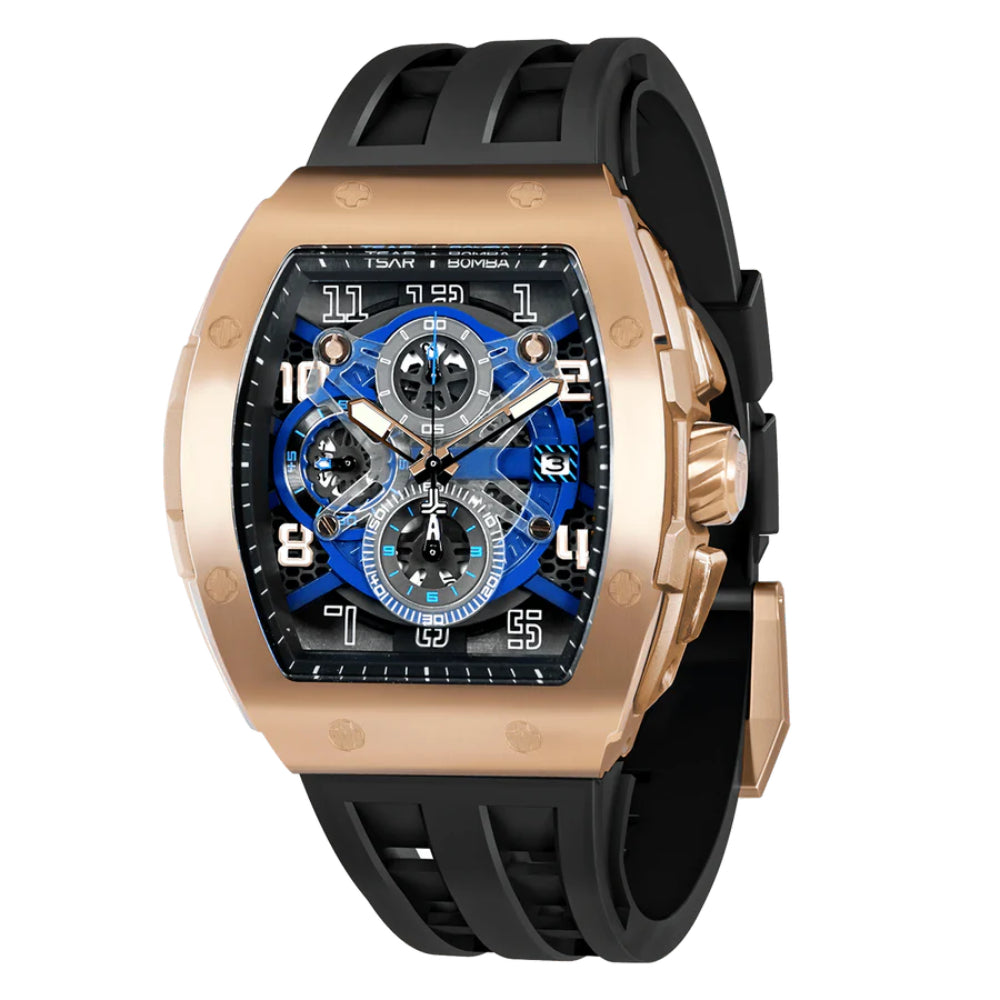 Tsar Bomba Case Color Rose Gold Black Silicone Strap Men's Watch TB8211Q-05