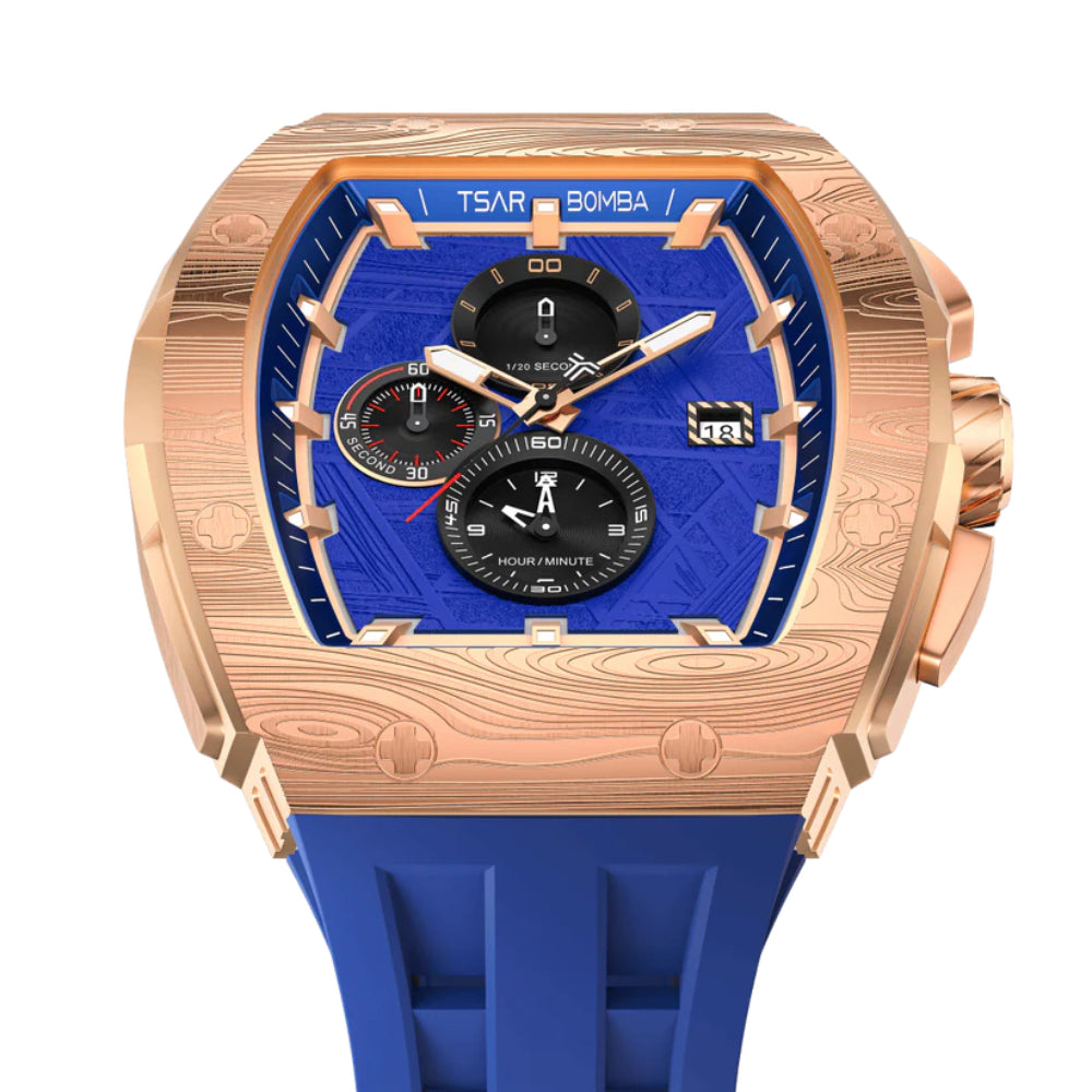 Tsar Bomba Rose Gold Case Blue Silicone Strap Men's Watch TB8211QII-10