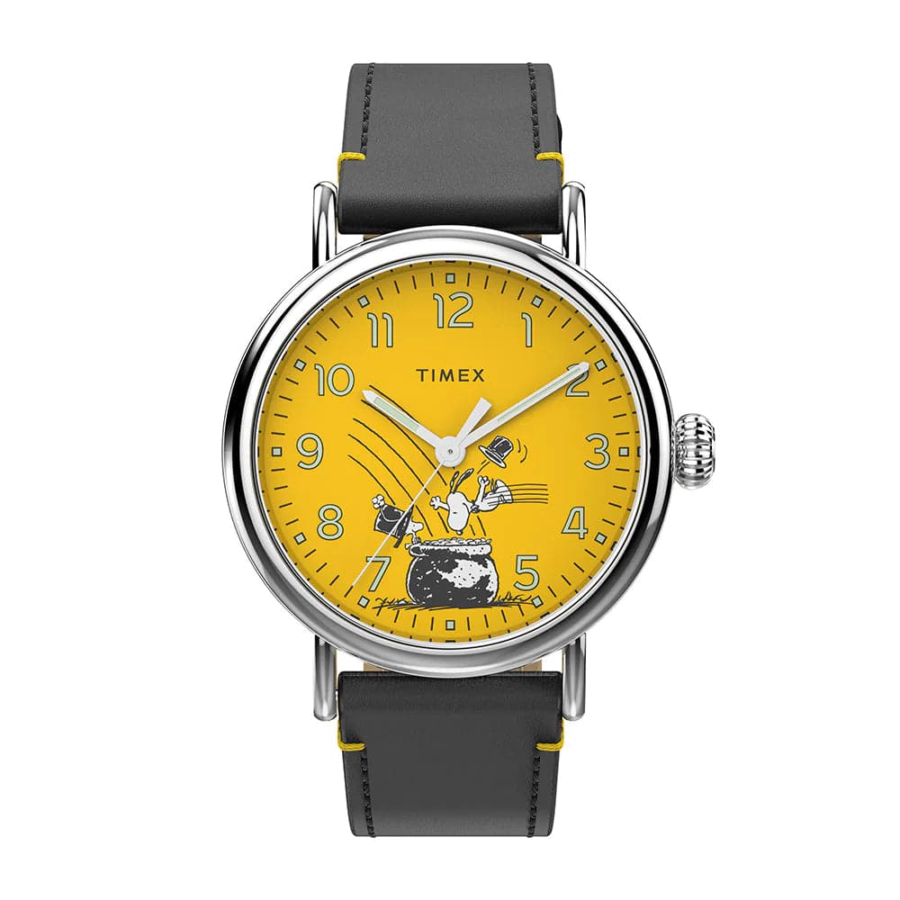 Timex Standard X Peanuts Yellow Dial Black Leather Strap Men Watch TW2