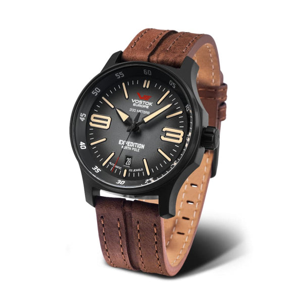 Vostok Europe Expedition Black Dial Brown Leather Strap Men Watch YN55-592C554-L