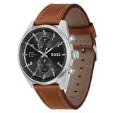 HUGO BOSS SKYTRAVELLER BLACK DIAL BROWN LEATHER WATCH 1514161
