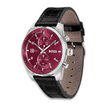 HUGO BOSS SKYTRAVELLER RED DIAL BLACK LEATHER WATCH 1514193