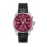 HUGO BOSS SKYTRAVELLER RED DIAL BLACK LEATHER WATCH 1514193
