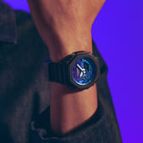CASIO G-SHOCK GLOWY BLUE DIAL GRAY-ON-BLACK STRAP WATCH GA-2100FL-1ADR