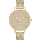 OLIVIA BURTON SPARKLE BUTTERFLY DEMI GREY DIAL WHITE MOTHER OF PEARL BUTTERFLIES GOLD MESH OB16MB37
