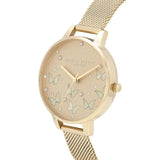 OLIVIA BURTON SPARKLE BUTTERFLY DEMI GREY DIAL WHITE MOTHER OF PEARL BUTTERFLIES GOLD MESH OB16MB37