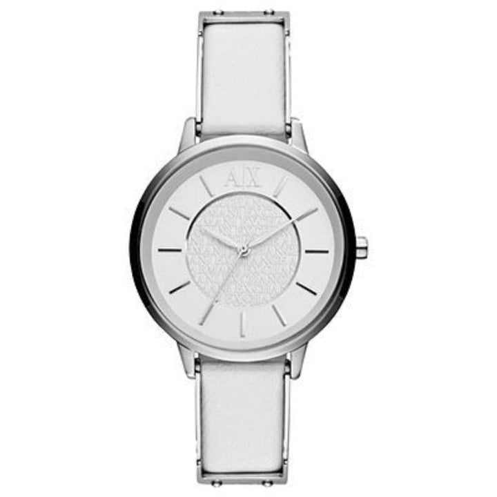 ARMANI EXCHANGE ANALOG QUARTZ SILVER STAINLESS STEEL AX5300 WHITE LEATHER STRAP WOMEN'S WATCH - H2 Hub Watches