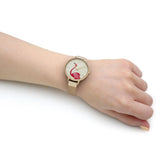 SARA MILLER GOLD STAINLESS STEEL MESH STRAP FLAMINGO DIAL WOMEN'S WATCH SA4056